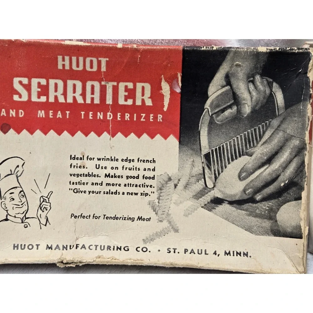 Vintage Huot Serrater Crinkle Cutter Meat Tenderizer Original Box MCM Kitchen